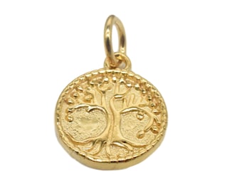 14K Gold Vermeil Style Life Tree Circle Charm, 925 Sterling Silver Tree of Life Charm with One Micron 14K Gold Plated, Necklace Charm