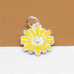 2 Sterling Silver Daisy Charms Enameled, 925 Silver Enamel Daisy Charms, Flower Charms for Bracelet Necklace