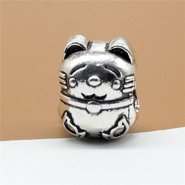 2 Sterling Silver Fortune Cat Beads, 925 Silver Cat Bead, Large Hole Cat Bead for European Bracelet Bead, Spacer Bead