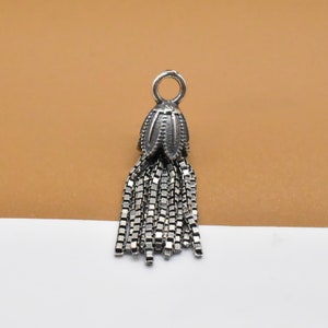 May include: Silver tassel charm with a detailed flower-shaped top and a fringe of small chain links.