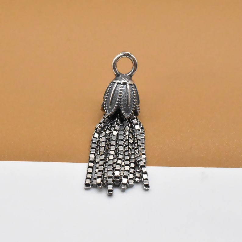 May include: Silver tassel charm with a detailed flower-shaped top and a fringe of small chain links.