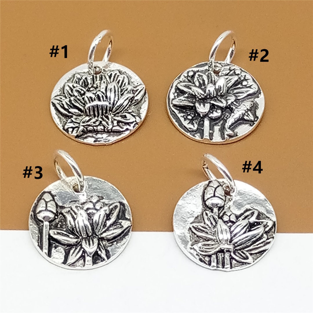 4 Sterling Silver Lotus Charms, Disc Charms, 925 Silver Lotus Circle