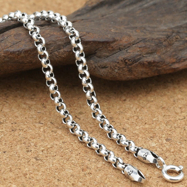 Chaîne Rolo en argent sterling, chaîne Belcher creuse, collier de chaîne Rolo oxydé en argent 925 3mm 4mm 16 18 20 22 24 26 28 30 32 pouces