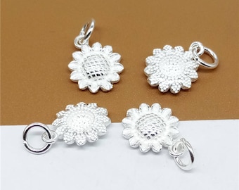 2 Sterling Silver Tiny Sunflower Charm, 925 Sterling Flower Charm for Necklace Bracelet Earring, 925 Silver Sunflower Charm