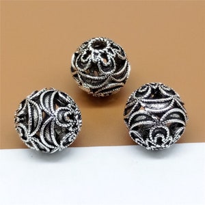 2 sterlingzilver geoxideerde ronde kralen 12 mm, 925 zilveren bolkralen, bloemenkraal, armbandkraal, kettingkraal