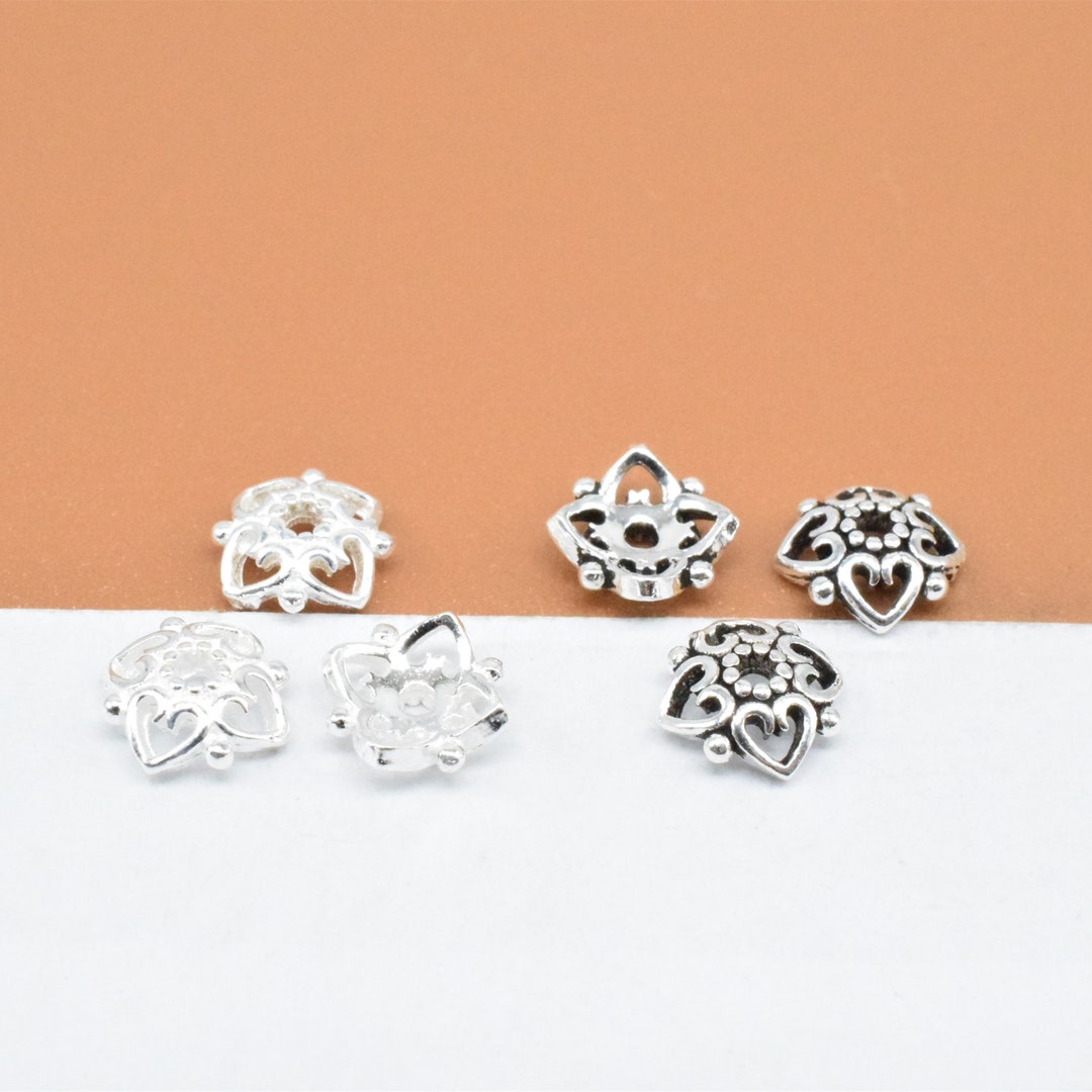 20 Sterling Silver Heart Bead Caps, 925 Silver Flower Bead Cap, Love Heart Bead, Love Bead Cap