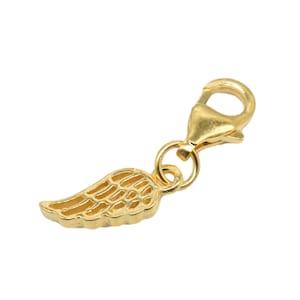 14K Gold Vermeil Style Angel Wing Clip On Charm with Lobster Clasp, 925 Sterling Silver Angel Charm w/ Heavy 14K Gold Plated, Bracelet Charm