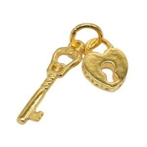 18K Gold Vermeil Style Key and Lock Charm, Love Heart Lock, 925 Sterling Silver Key Lock Charm w/ Heavy 18K Gold Plated for Necklace