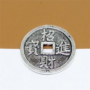 Sterling Silver Chinese Fortune Coin Bead, 925 Sterling Silver Lucky Coin Bead, 925 Silver Feng Shui Coin Bead