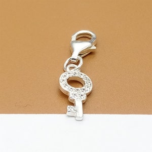 Sterling Silver Key Clip On Charm, 925 Silver CZ Key Charm, Lobster Claw Clip On Charm, Lobster Claw Clasp, Bracelet Charm, Necklace Charm