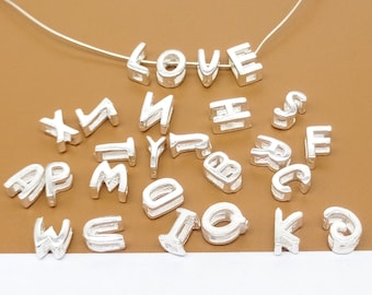 10  Sterling Silver Alphabet Slide Beads, 925 Silver Alphabet Beads, Shiny Slider Beads, Letter Beads, Bracelet Bead, Necklace Bead