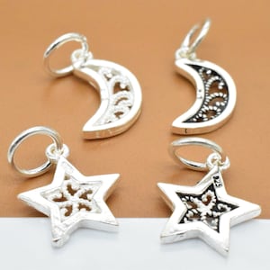 10 sterlingzilveren sterbedels, maanbedels, glanzende ster, glanzende maan, 925 zilveren sterbedels, armbandbedels