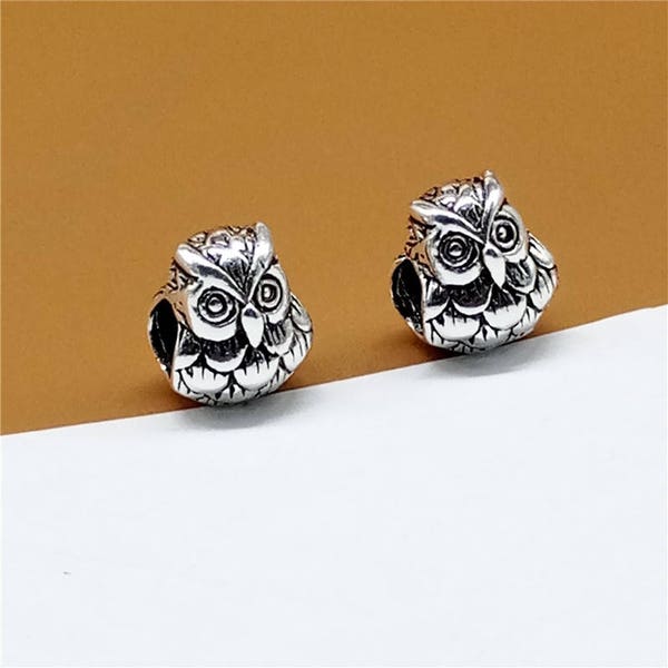 3 perles de hibou en argent sterling trou de 4 mm, perles de grand trou, perles de hibou d’argent 925, perles de bracelet