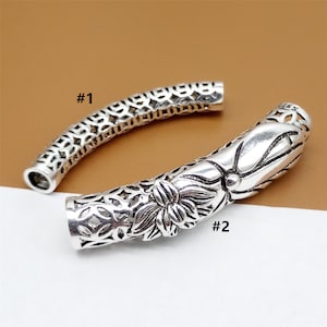 Sterling Silver Lotus Curve Tube Bead, Chinese Coin Hollow Tube, 925 Silver Engraved Lotus Tube for Bracelet, Yoga Meditation Bead