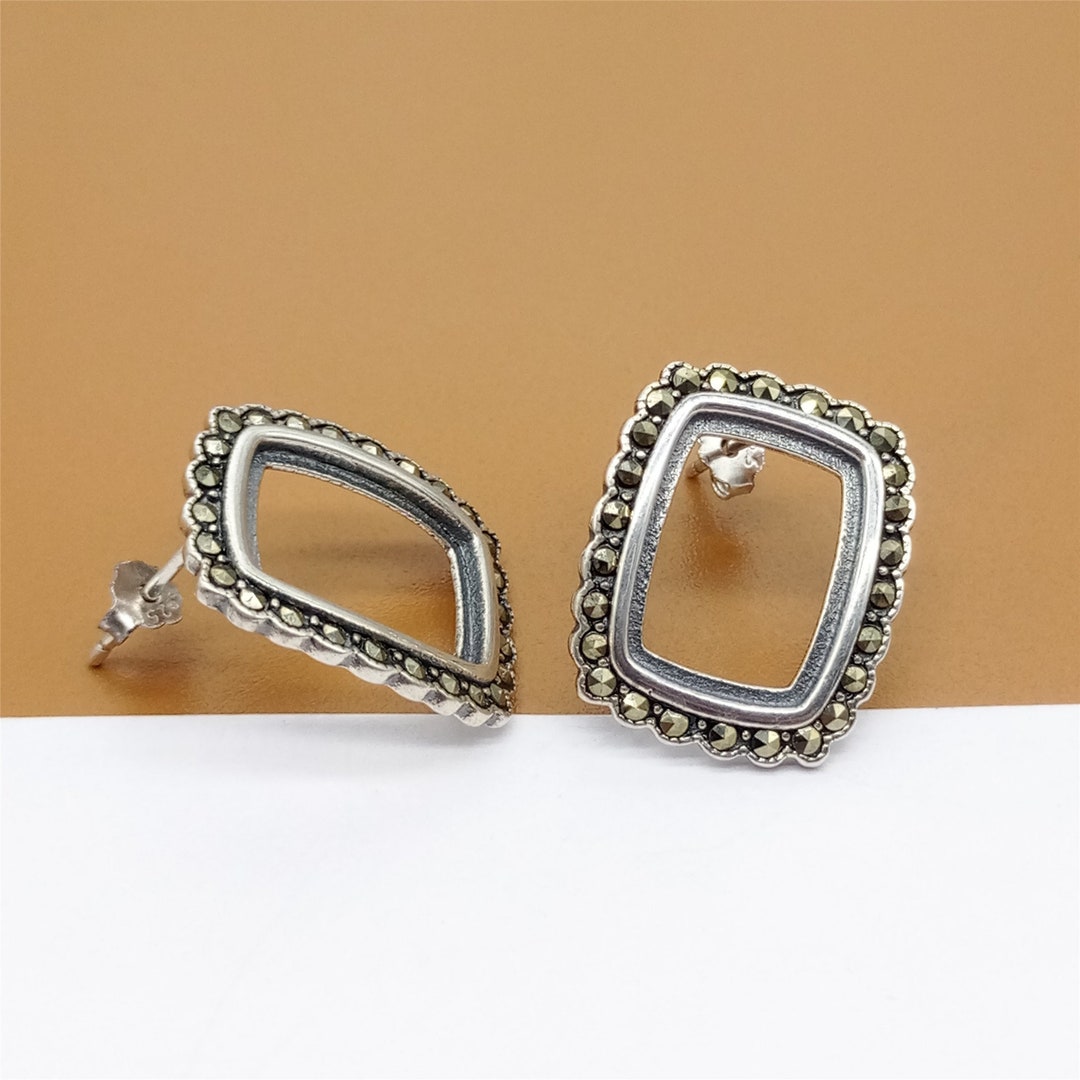 Sterling Silver Rectangle Earring Posts With Marcasite Style, 925