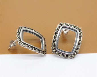 Sterling Silver Rectangle Earring Post with Marcasite Style, 925 Silver Rectangle Ear Post w/ Backs, Ear Stud Earring, Earring Setting