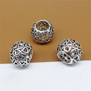 5 Sterling Silver Love Heart Beads, 925 Sterling Silver Large Hole Beads, 925 Silver Rondelle Beads for European Bracelet