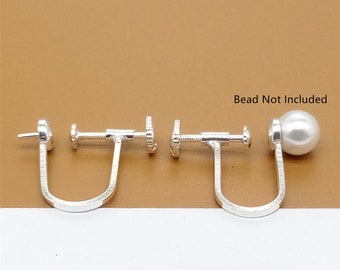 Sterling Silver Screw Back Non Pierced Earrings w/ Cup Peg for Half Drilled Pearl Bead, 925 Silver Unpierced Earring