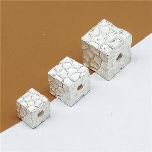 4 Sterling Silver Cube Beads, 925 Silver Cube Bead, Sterling Cubic Beads, Bright Silver Square Beads, Checked Cube Beads