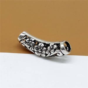 2 Sterling Sliver Flower Tube Beads, Curve Tube, Tubular Beads, 925 Silver Flower Tube, Oxidized Hollow Tube for Bracelet