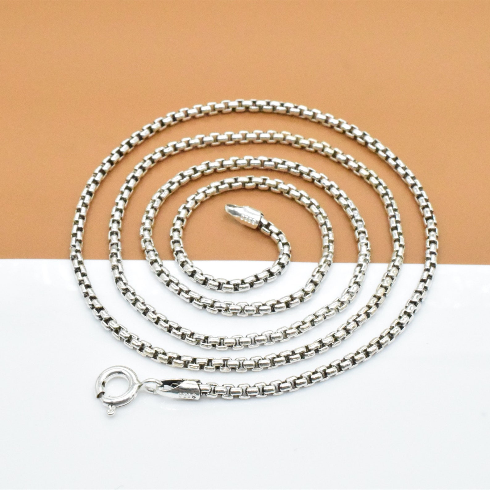 Sterling Silver Round Box Chain Necklace, 925 Silver Round Box Necklace ...