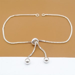 Sterling Silver Adjustable Bracelet Making Chain, Half-finished Box Chain, 925 Silver Bracelet Chain w/ Stopper Bead Closed Ring