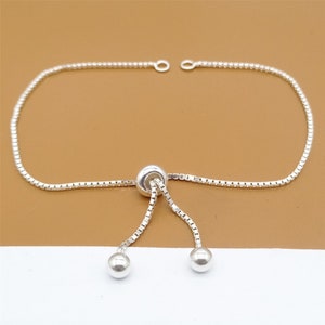 Sterling Silver Adjustable Bracelet Making Chain, Half-finished Box Chain, 925 Silver Bracelet Chain w/ Stopper Bead Closed Ring