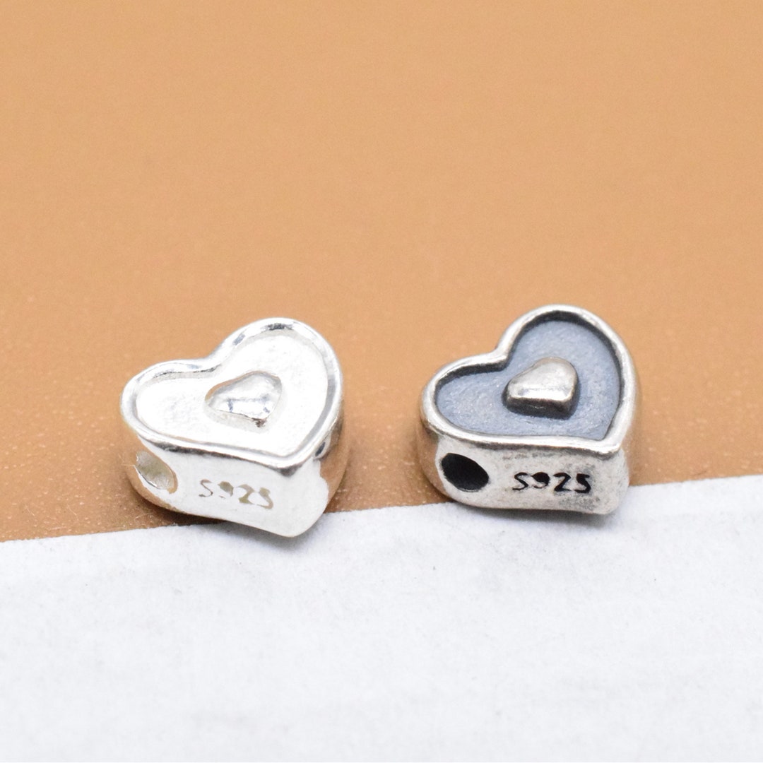 10 Sterling Silver Love Heart Beads 2-sided, 925 Silver