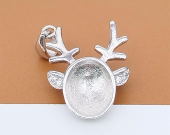 Montura para colgante de ciervo de plata de ley rodiada, montura para colgante de reno de plata 925 con cabujón, montura ovalada para colgante navideño de 8 x 10 mm