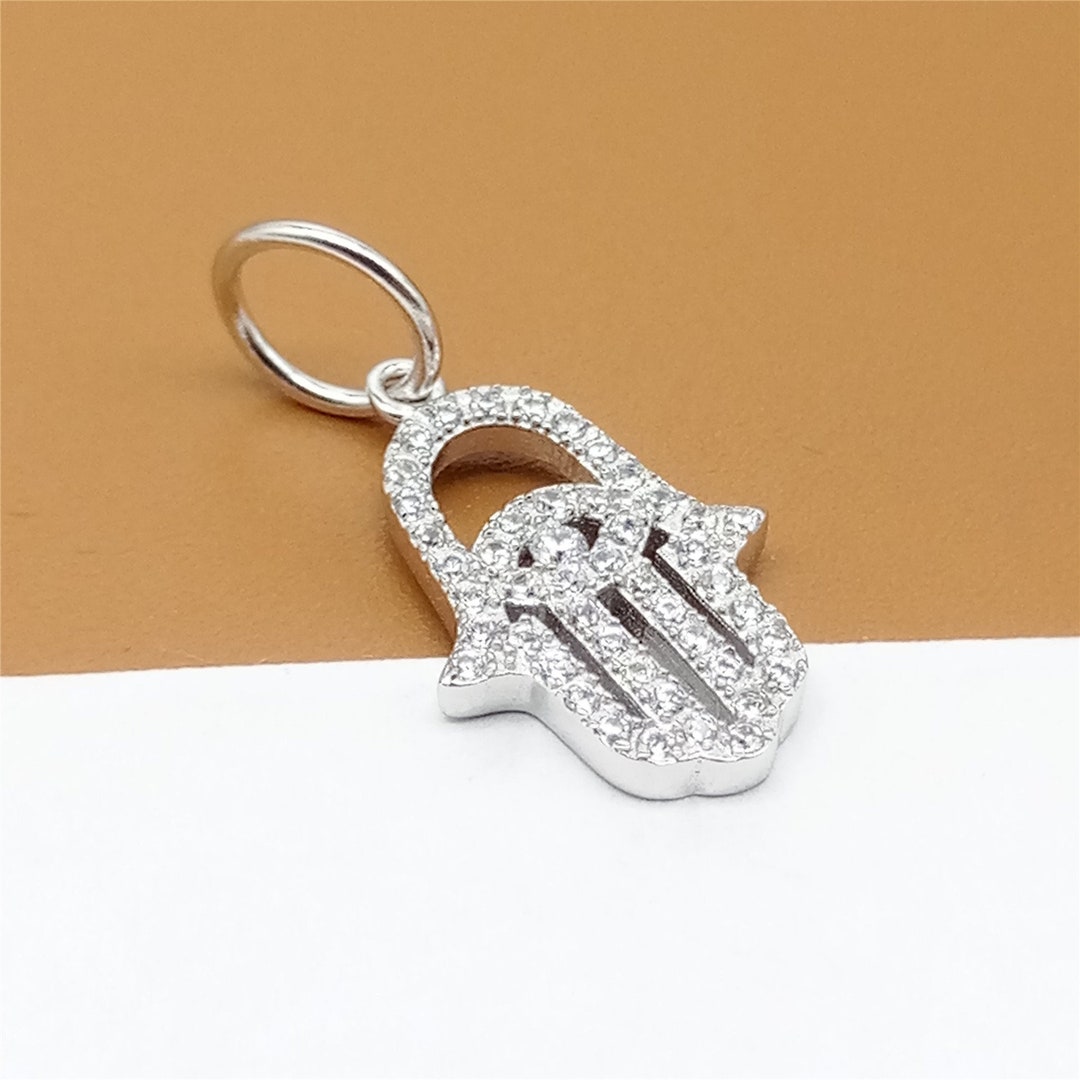 Sterling Silver Hamsa Hand Charm W/ Zircon, Shiny Hamsa Charm, 925