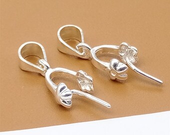 4 Sterling Silver Flower Pinch Bails, 925 Silver Pinch Bail, Charm Pinch Bail, Pendant Pinch Bail for Gemstone Necklace Making