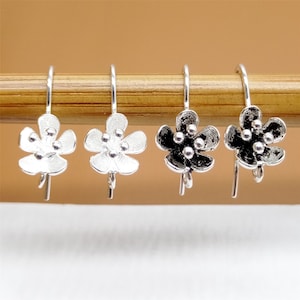 4 Pairs Sterling Silver Blossom Earring Hooks, Floral Ear Wire Hook, 925 Silver Earring Hooks, Earwire Hook, Flower Loop Earring