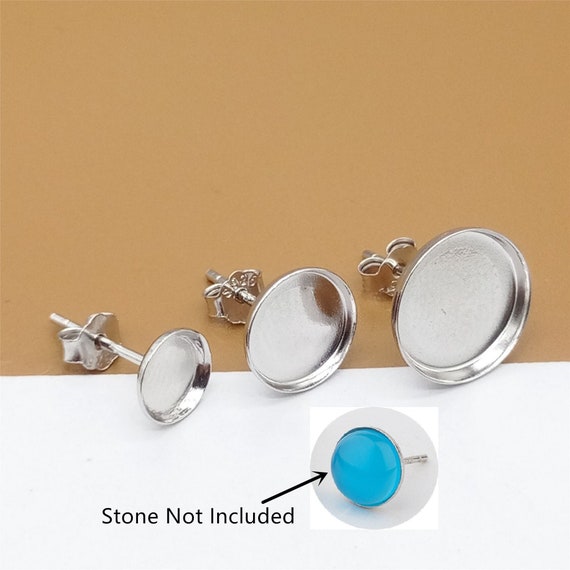 4 Pairs Sterling Silver Earring Settings w/ Rhodium Plated, 925 Silver Round Bezel Cup Earring, Post Earring Blank Setting w/ Nuts