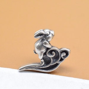 6 Sterling Silver Rabbit on the Cloud Button Beads, 925 Silver Bunny Button, Cloud Button Spacer, Rabbit Cloth Button, Necklace Button