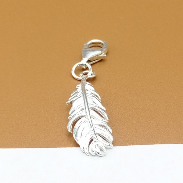 Sterling Silver Feather Clip On Charm, 925 Silver Feather Clip On Charm, Lobster Clasp Charm, Feather Bracelet Charm, Feather Necklace Charm