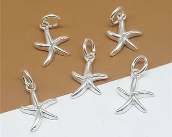 6 Sterling Silver Tiny Starfish Charms, Small Starfish Charms, 925 Silver Starfish Charms, Sterling Silver Starfish Necklace