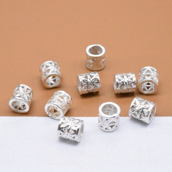 10 Sterling Silver Small Tube Beads, Floral Tube Bead, 925 Silver Flower Tube Bead, Flower Barrel Bead, Necklace Bead, Bracelet Bead