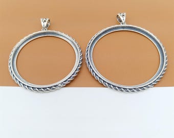 Sterling Silver Coiled Brim Bezel Pendant Setting, 925 Silver Round Pendant Bezel Setting, Cabochon Setting, Pendant Blank, Fit 40.5mm 46mm