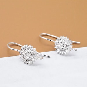 2 Pairs Sterling Silver Sunflower Earring Hooks w/ Open Ring, 925 Silver Sun Flower Ear Hook, Floral Ear Wire Hook, Flower Earring