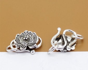 Conector de loto de plata de ley, conector de flor de loto, conector de loto de plata 925 con anillas, conector de cierre de pulsera