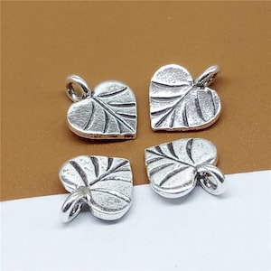 6 Thai Karen Hill Tribe Silver Heart Leaf Charms, Higher Silver Content than Sterling Silver Leaf Heart Charms