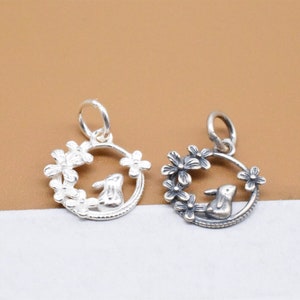 6 Sterling Silver Rabbit Flower Charms, 925 Silver Rabbit Charm, Bunny Charm, Floral Charm, Bracelet Charm, Necklace Charm