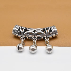 Sterling Silver Overlap Coin Tube Bead Charm w/ Jingle Bell Drop, 925 Silver Coin Bell Charm, Tribal Tassel Style Pendant, Coin Tube Pendant