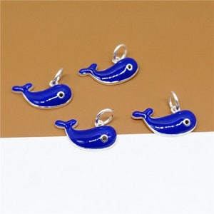 4 Sterling Silver Whale Charms with Blue Enameled, 925 Silver Whale Charms