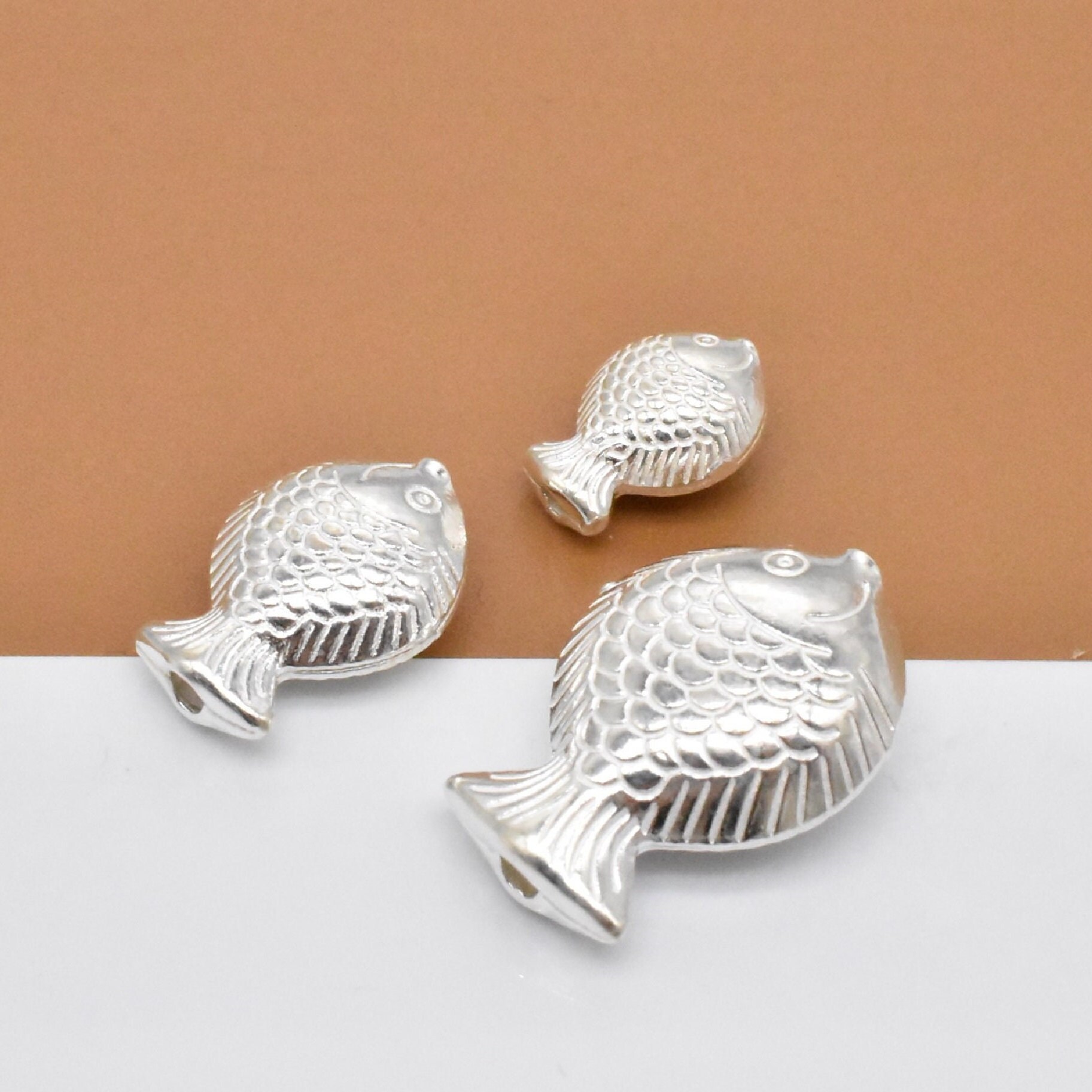 4 Sterling Silver Fish Beads 3D 2sided 925 Silver Fish Etsy