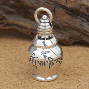 0.990 Fine Silver Stupa Prayer Box w/ Om mani padme hum, Sterling Silver Tibetan Buddhist Tower Prayer Box, Locekt Pendant