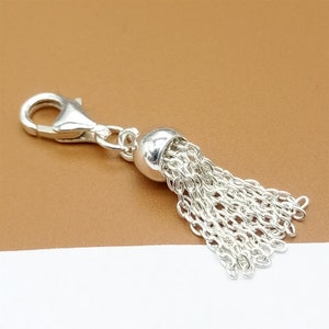 Sterling Silver Chain Tassel Clip On Charm, 925 Silver Tassel Clip Charm, Cable Chain Tassel Charm w/ Clip On Lobster Clasp, Necklace Charm