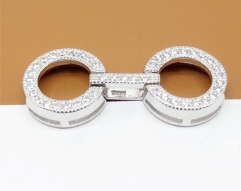 Sterling Silver Double Ring Clasp Connector for Pearl Bracelet Necklace, CZ Clasp, 925 Silver Pearl Clasp, Circle Clasp with Rhodium Plated
