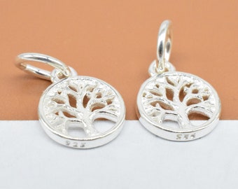 10 Sterling Silver Small Tree Of Life Charms 2-sided, 925 Silver Life Tree Charm, Plant Charm, Nature Charm, Circle Charm, Bracelet Charm