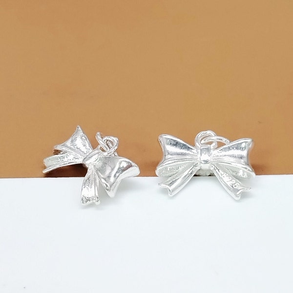 4 Sterling Silver Bow Charms 2-Sided, 925 Silver Shiny Bow Knot Small Pendant, Butterfly Knot Charm, Necklace charm, Bracelet Charm